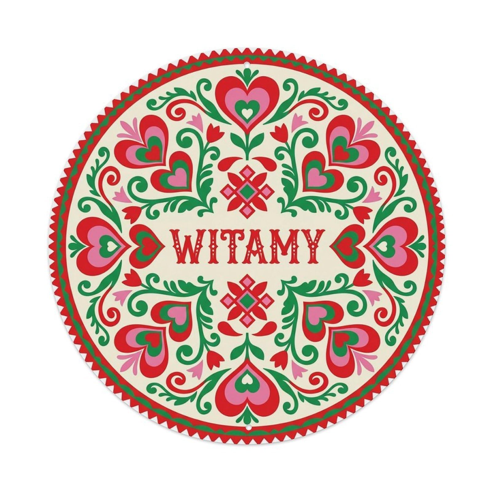 Vintage Polish Folk Art Witamy Welcome Heart Motif Metal Tin Sign