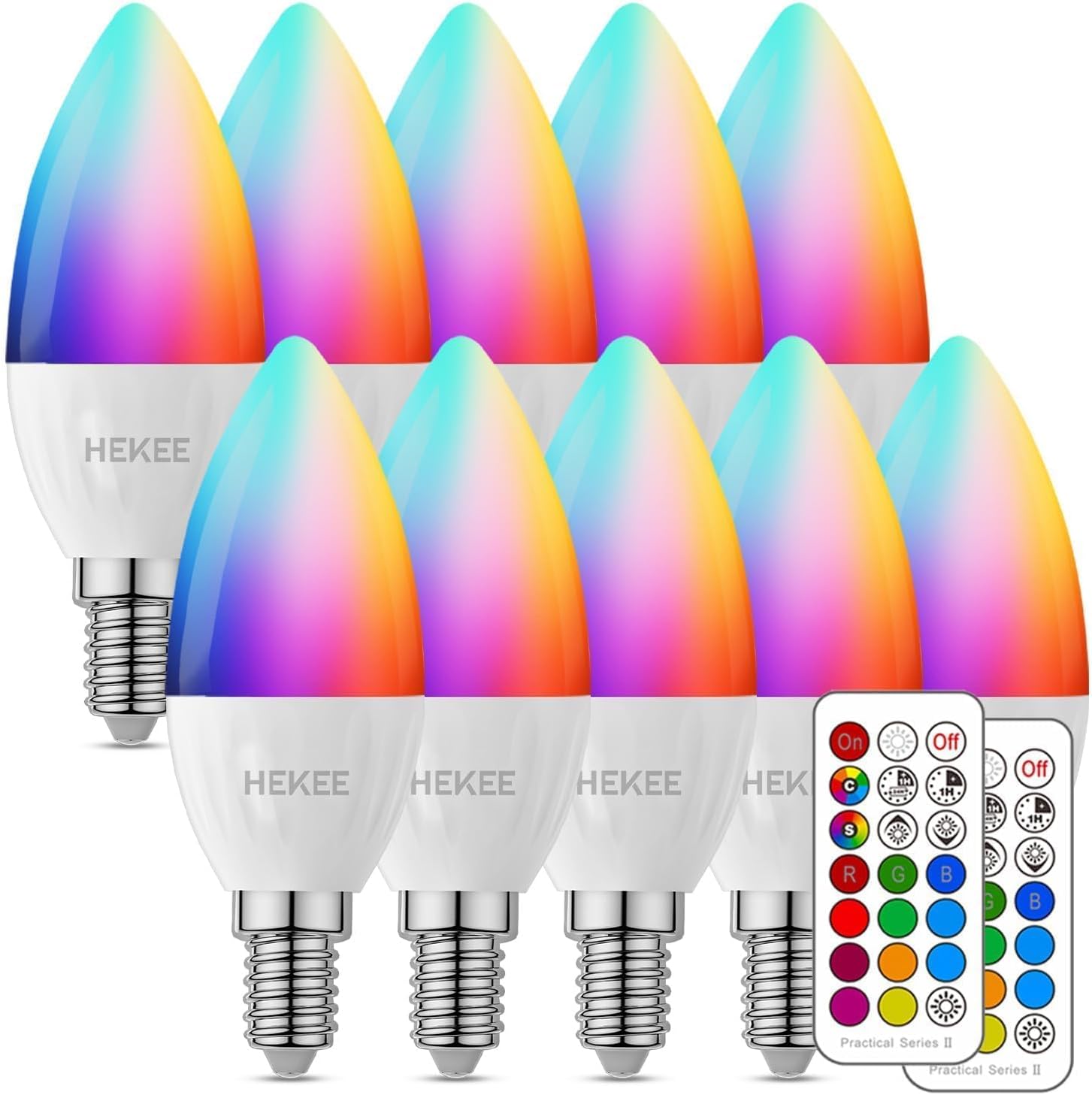 HEKEE E12 B11 LED Candle Light Bulbs, Color Changing, 40W Incandescent Equivalent, 450 Lumen, RGB + 2700K Warm White, 5Watt, 12 Colors, 2 Modes, Timer, Remote Control(10 Pack)
