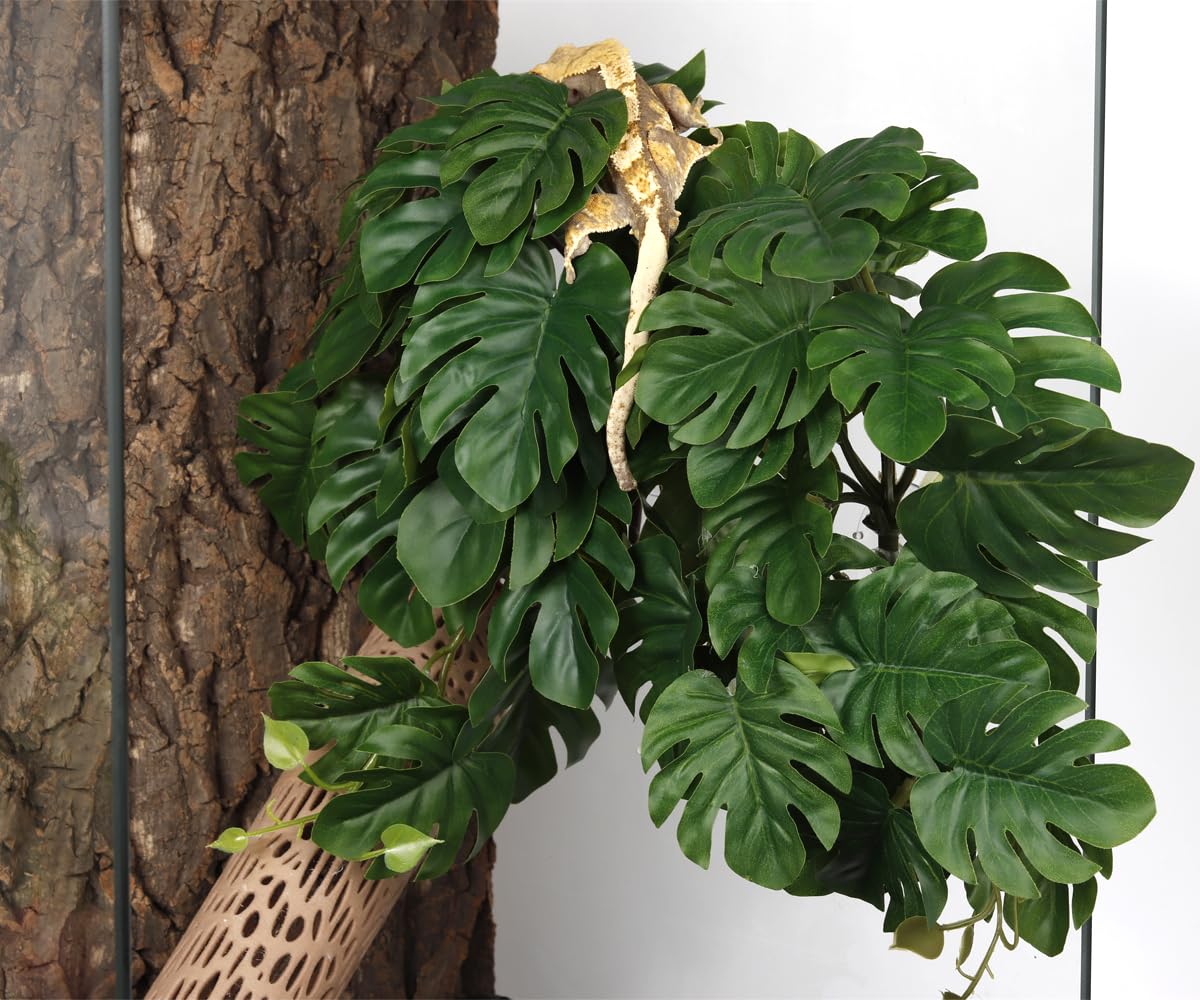 Paquete de 2 plantas falsas de reptiles para terrario, accesorios de tanque de serpiente, decoración de hábitat, plantas colgantes artificiales con ventosa, Monstera falsa