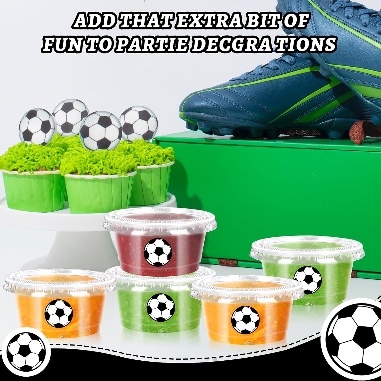 JarThenaAMCS 75 Pcs Soccer Plastic Sauce Cups World Cup Jelly Shot Cup with Lid Disposable Condiment Containers for Sport Theme Birthday Baby Shower Party Supplies, 2 Oz image 5