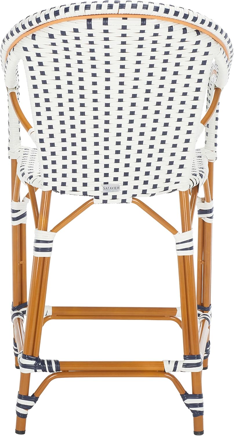 SAFAVIEH Outdoor Collection California White/Navy Bistro Woven Counter Stool with Arms (Fully Assembled)