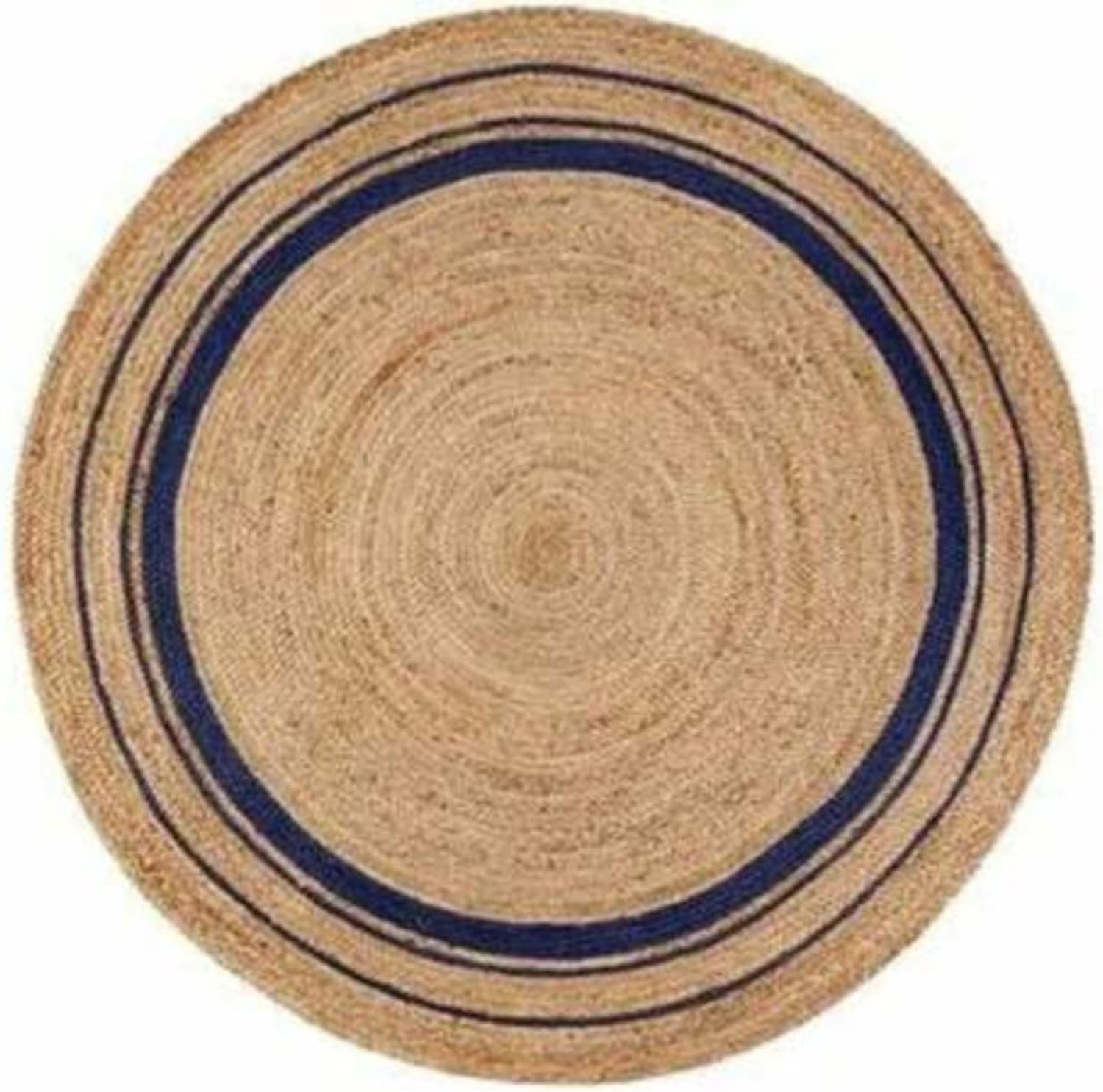 Yonir Exports Rug Jute Beige Blue Line Hand Braided Round Shape Rugs for Living