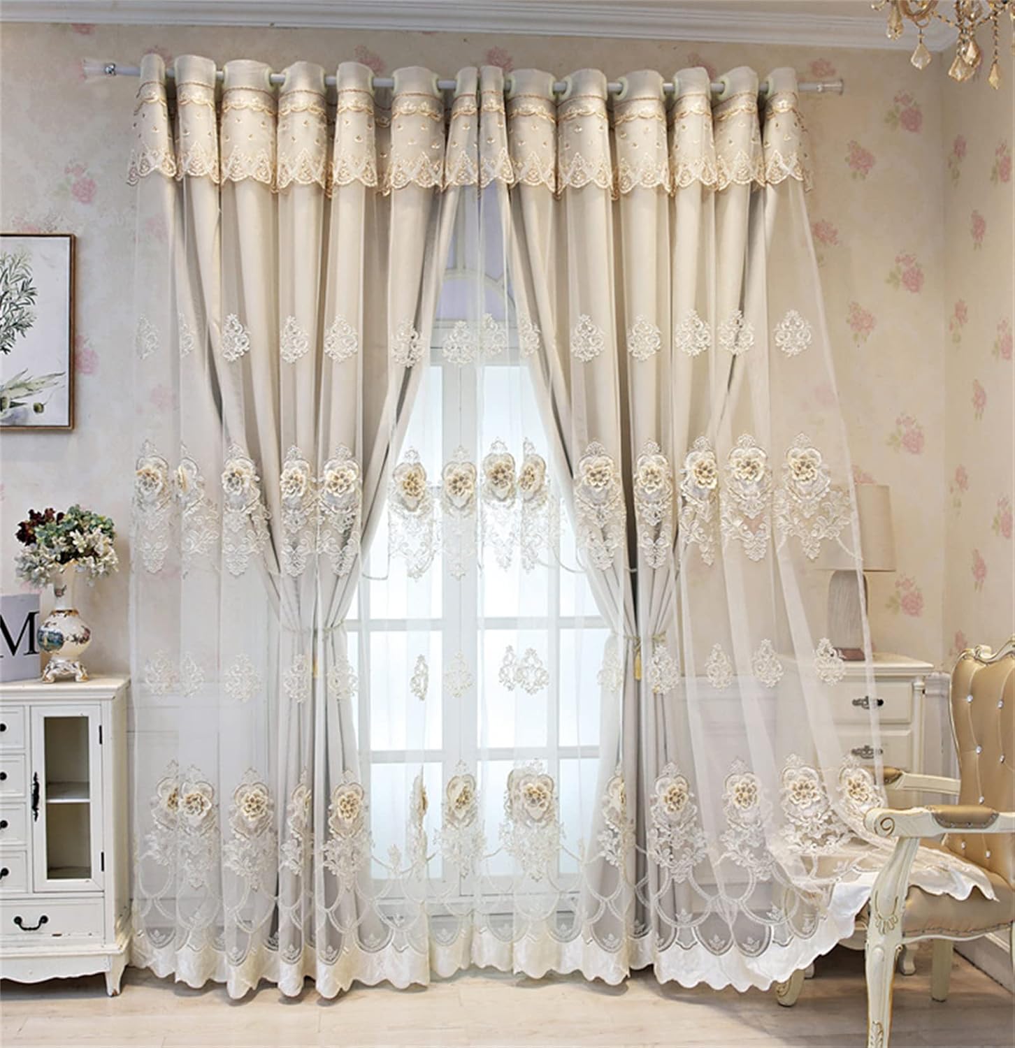 JESSANS Luxury European Curtains for Bedroom Elegant Thermal Insulated Grommet Top Double Living Room Doors Blackout Curtain and Lace Double Layer Flower Embroidered Tulle Sheer (Beige, 54 * 96in)
