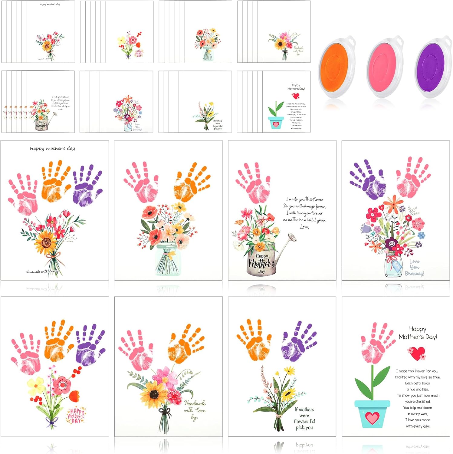 Beeveer 48 Sets Mother's Day Handprint Crafts DIY Religious Hand Keepsake Craft Gifts with Flower Stickers for Mom Dad Home Party Activities(Soft Colors)