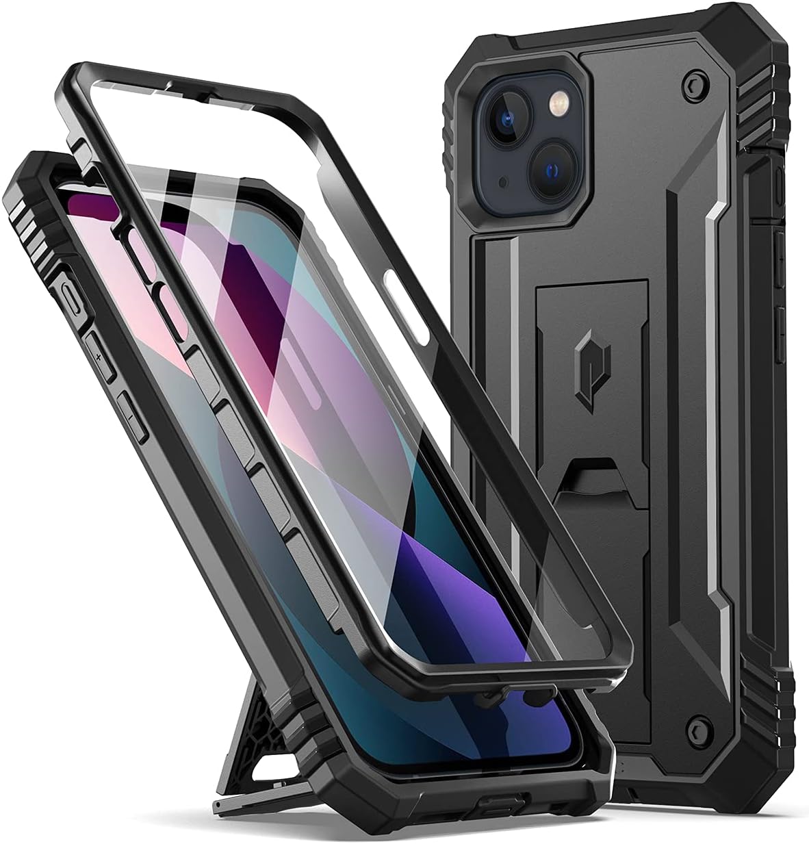 Poetic Revolution Series Case Compatible with iPhone 13 6.1 inch (2021 Release), Full-Body Rugged Shockproof Heavy Duty Protective Cover with Kickstand and Built-in Screen Protector, Black