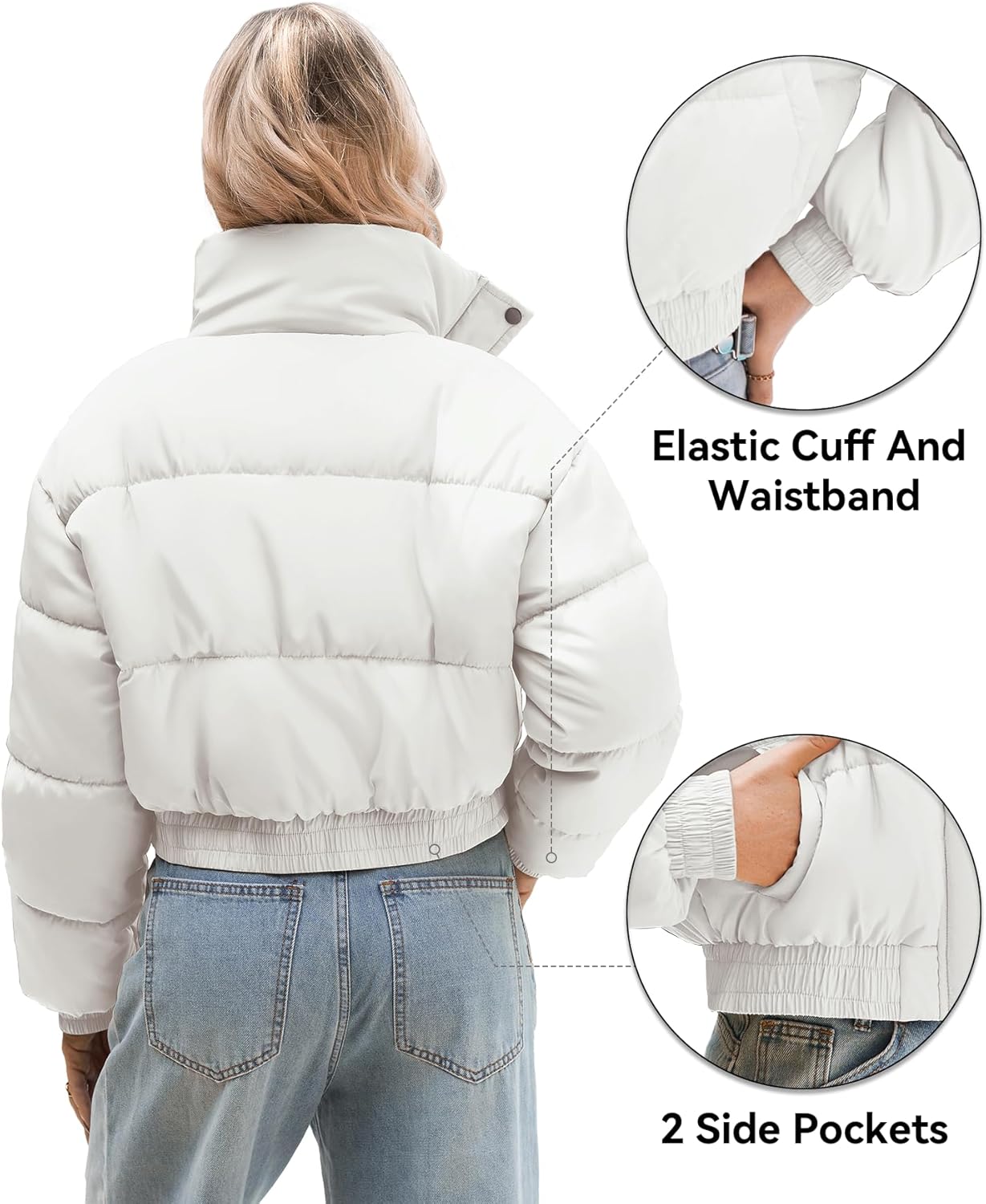 WHN Women’s Cropped Puffer Jacket Lightweight Quilted Jackets Long Sleeve Stand Collar Zipper Winter Outerwear Coat - Image 4
