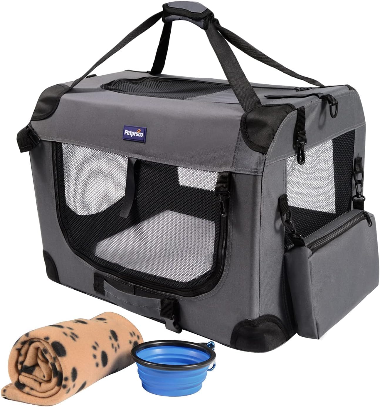 Petprsco Portable Collapsible Dog Crate, Travel Dog Crate 60x42x42cm with Soft Warm Blanket and Foldable Bowl for Large Cats & Small Dogs Indoor and Outdoor
