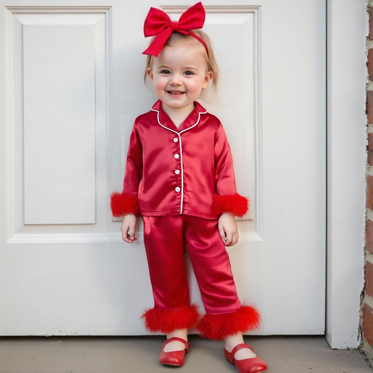 Toddler Girl Silk Pajamas Baby Lapel Button Down Ruffle Satin Silk Pjs Sleepwear Loungwear Clothes Set - Image 2