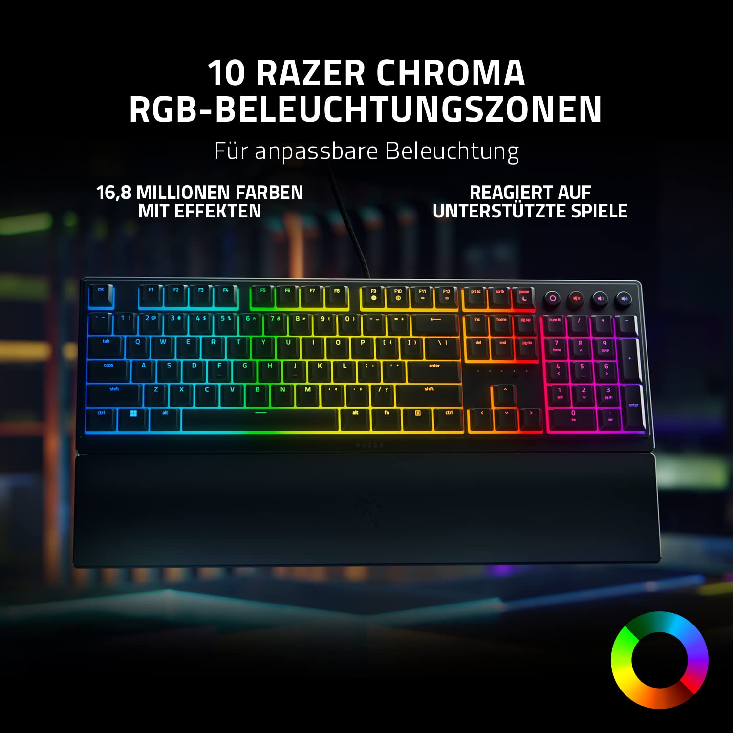 Razer Teclado para Videojuegos con membranas híbridas de Membrana mecánica (reposamuñecas ergonómico, Totalmente programable, RGB Chroma) QWERTZ | disposición DE, Negro