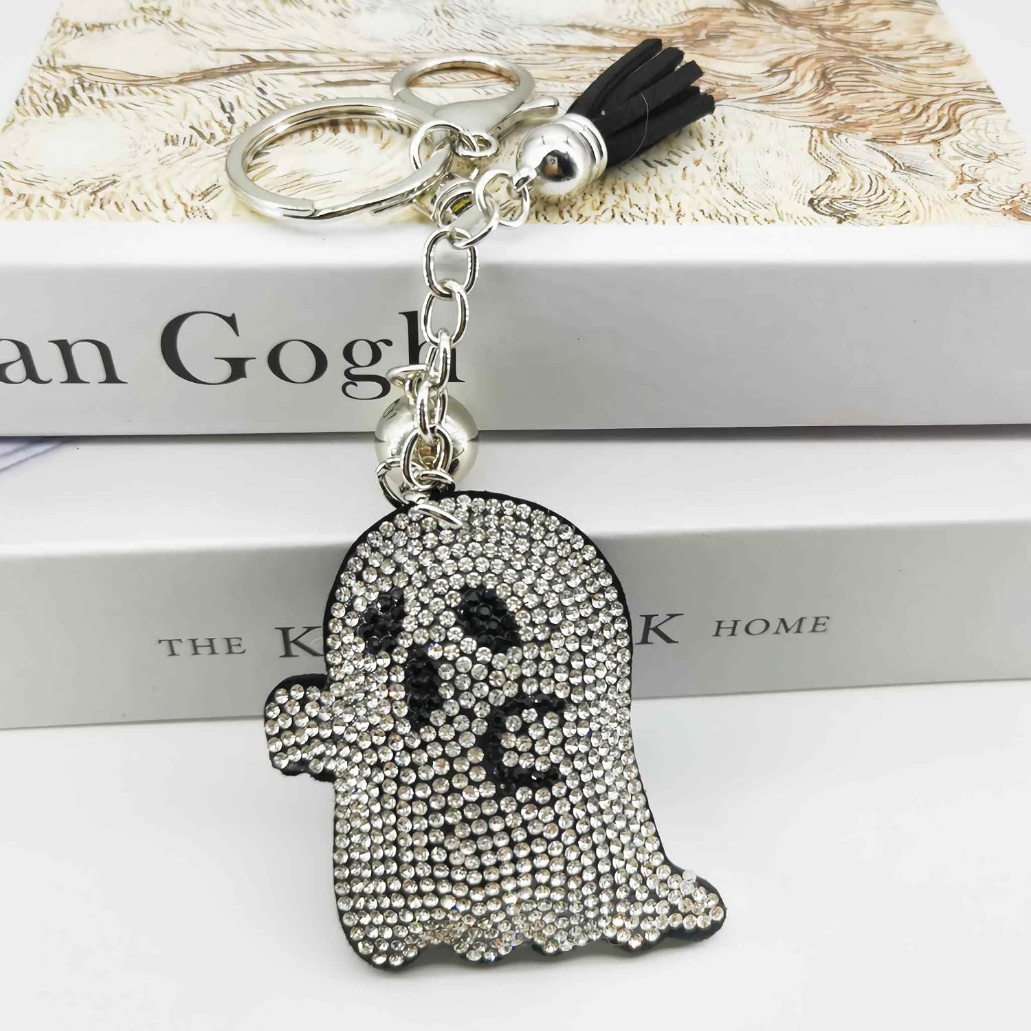 goth ghost keychain for backpacks, cute bling key chains for women, kawaii halloween bag charm accessories, funny small sparkly keychain for car keys(2 PCS)