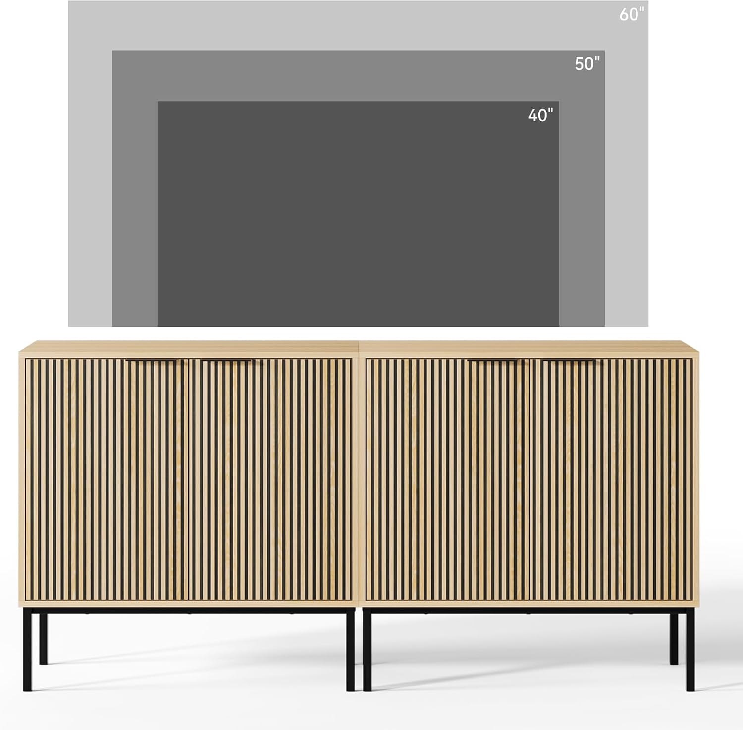 TV Stand for 60 Inch TV, Modern TV Stand, Entertainment Center with 2 Storage Cabinets, Adjustable Shelves, Black Handle&Metal Square Legs, Wood Media Cabinet for Living Room, Natural Wood