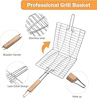 Vista 3 de uxcell Cesta para parrilla de acero inoxidable, plegable, portátil, con asa, para parrilla de pescado al aire libre, verduras, camarones, carne