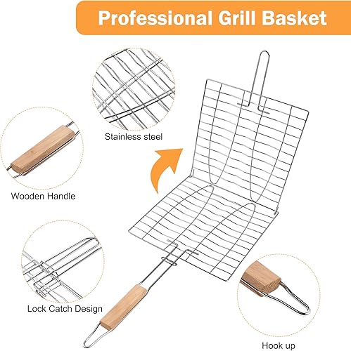 Miniatura 3 de uxcell Cesta para parrilla de acero inoxidable, plegable, portátil, con asa, para parrilla de pescado al aire libre, verduras, camarones, carne,
