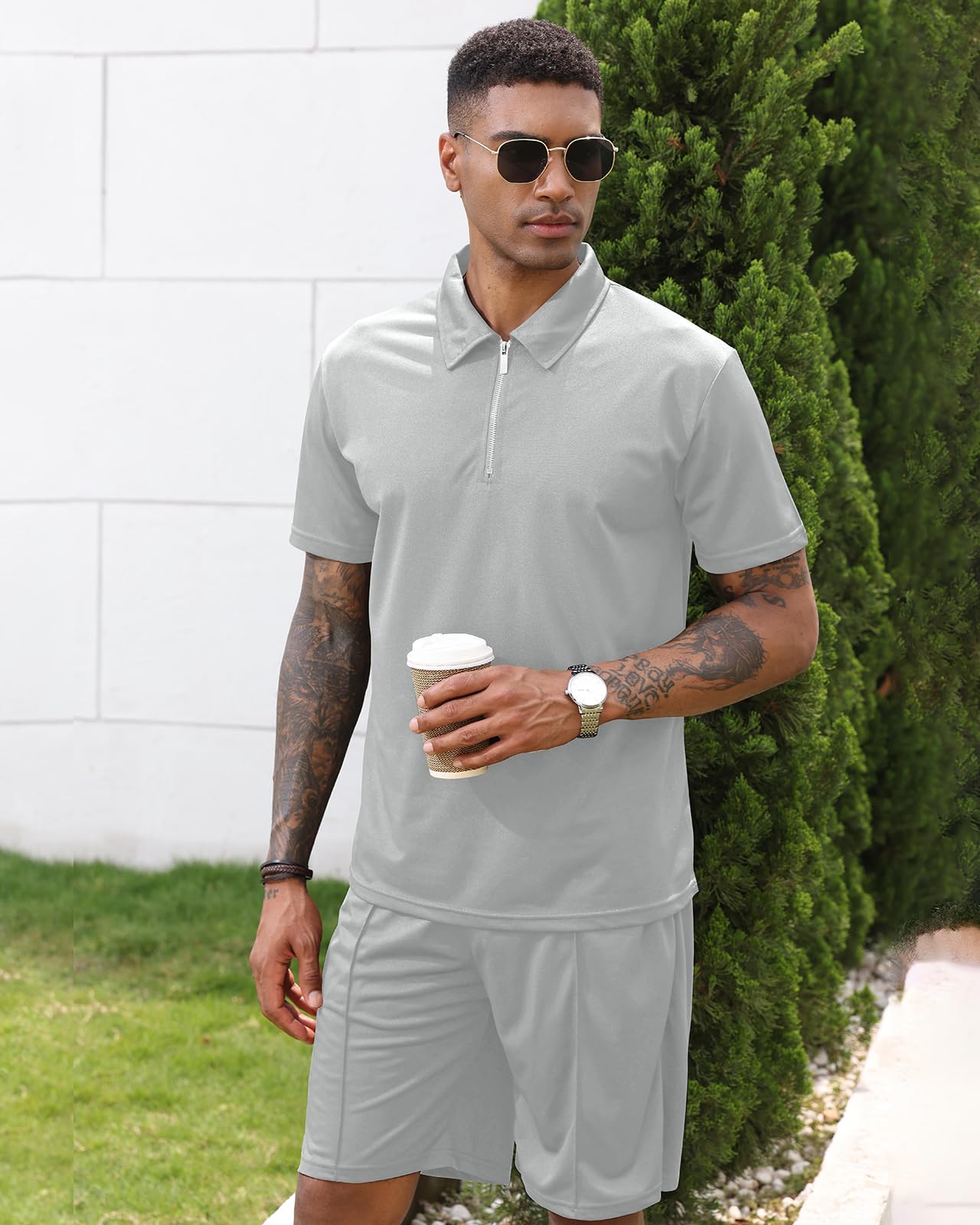 PRIVIMIX Hommes Survêtement d'été 2 Pièces Manches Courtes T-shirts Polo Jogging Ensemble de Chemises Pantalon court Business Tenue de Loisir
