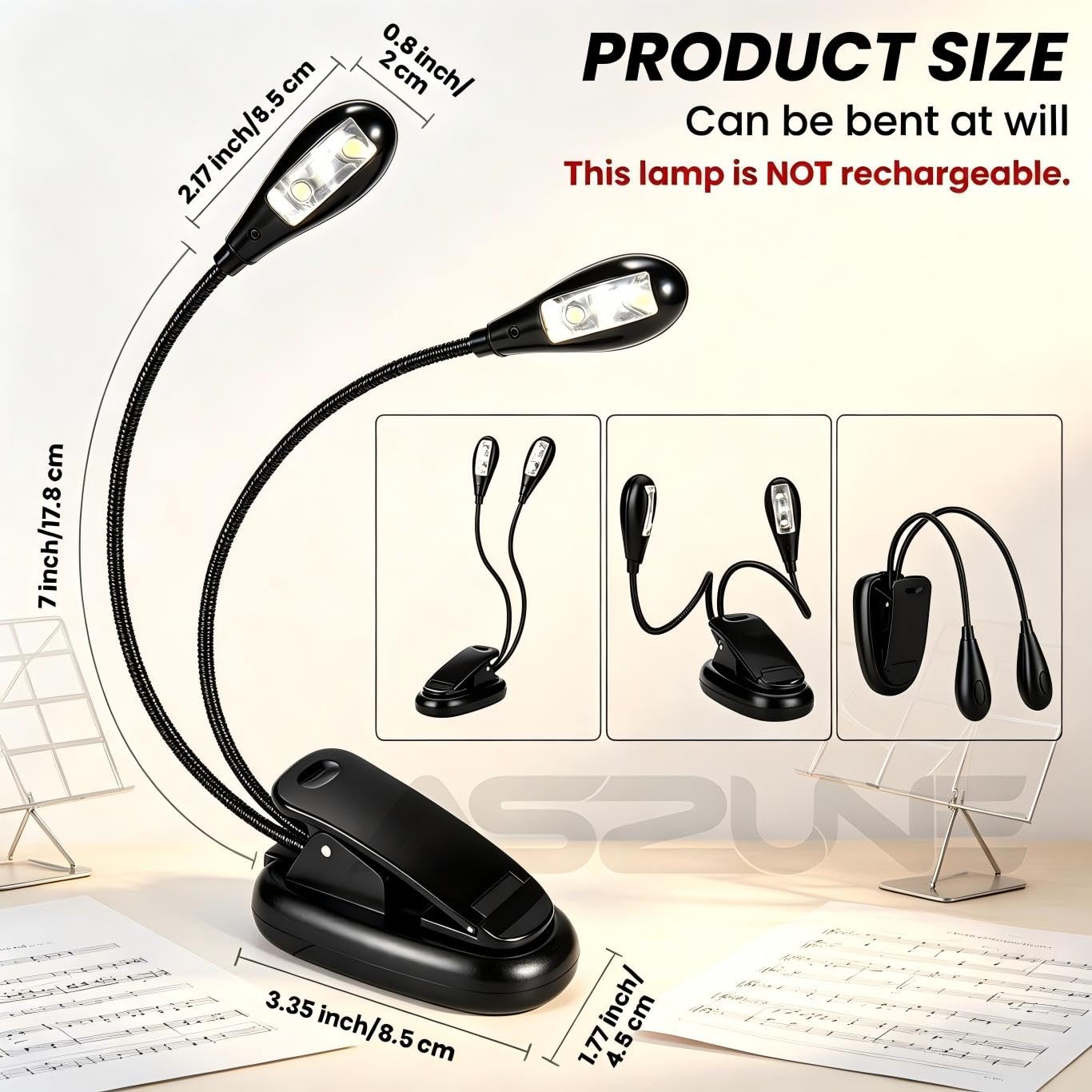 Luce per leggio, confezione da 2/10 luci LED a clip, USB e batterie AAA, lampada da lettura a letto, 2 livelli di luminosità, ideale per musicisti, pianisti, bambini, viaggi (doppio braccio) (nero, 20