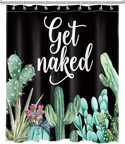 Vista 48 de LB Get Naked - Juego de cortinas de ducha de cactus con citas divertidas, plantas tropicales suculentas, verdes, acuarela, flores de cactus