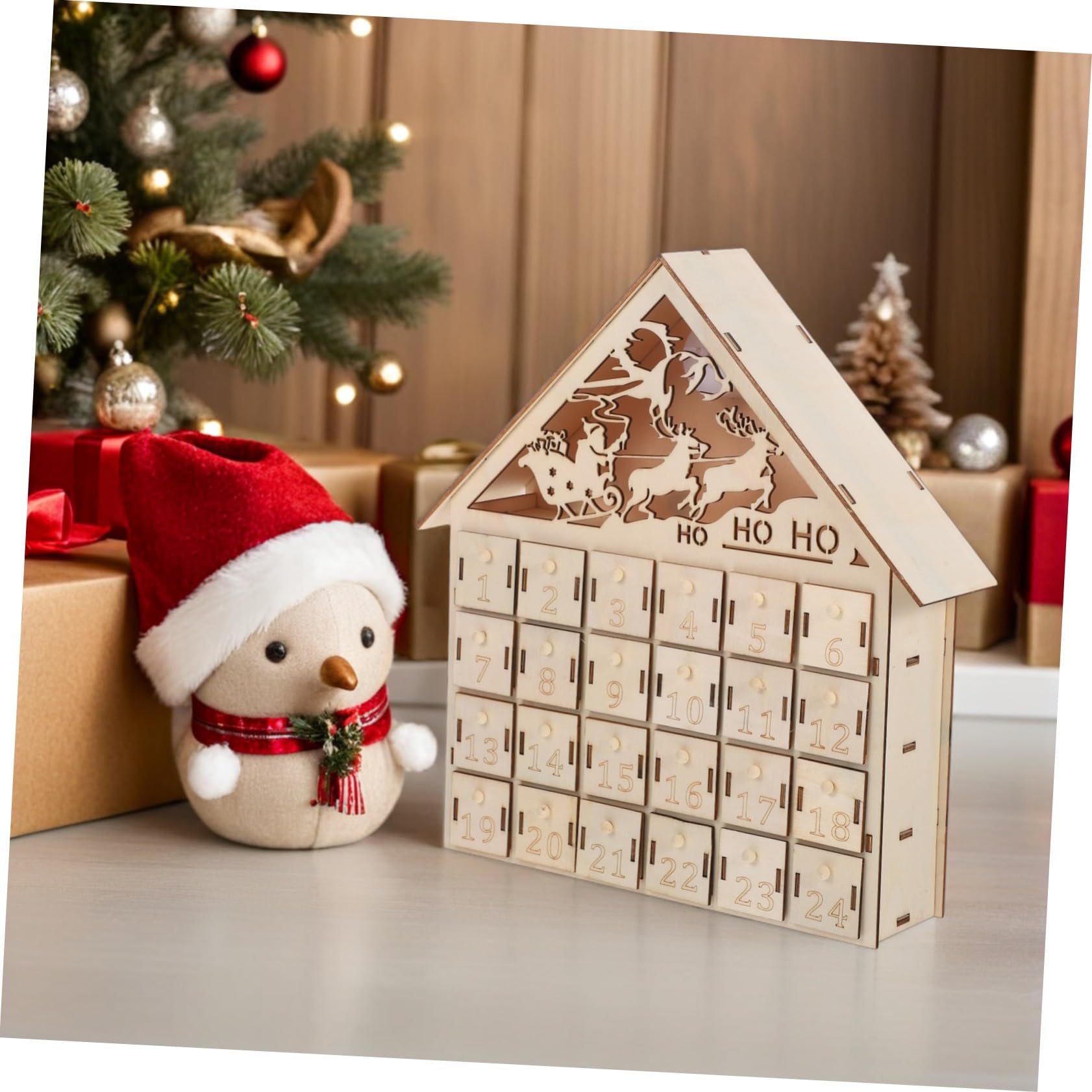 Calendario de Adviento de Madera Días Iluminado con LED Casa Navideña Rústica Reutilizable para Decoración de Mesa Navidad Calendario de Regresiva Navideña para Familia