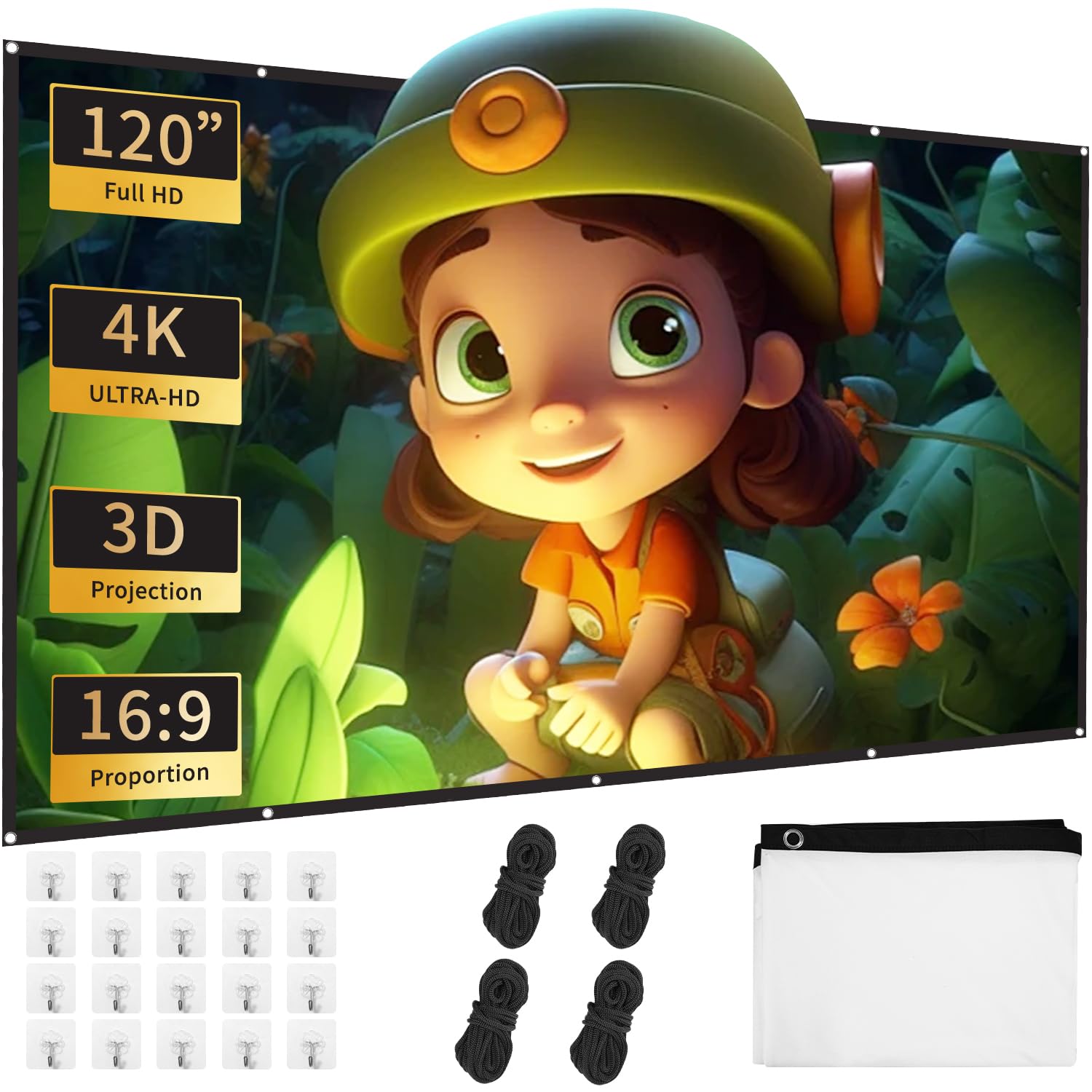 120 pollici, tela pieghevole 16:9, semplice da appendere, con ganci, corde, 120 pollici, per home theater, cinema all'aperto, scuola, riunioni, campeggio