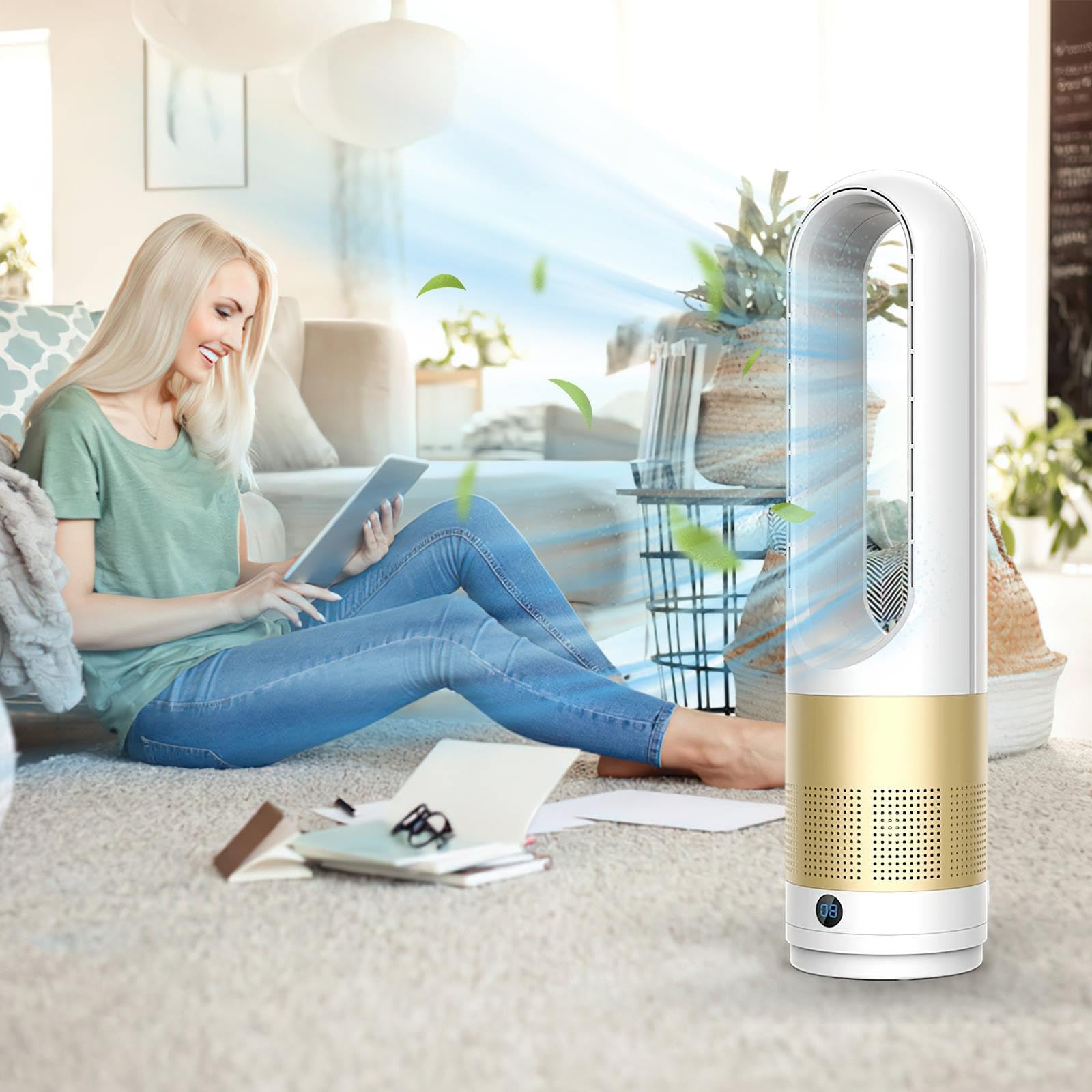 Ventilatore senza rotore con purificatore d'aria, ventilatore a torre silenzioso da 18 pollici con telecomando, 8 velocità, oscillazione a 80°, timer 8H, indicatore LED, ventilatore senza lama, per