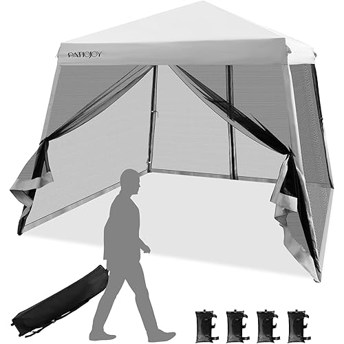 Tangkula 10x10 Ft Pop Up Canopy with Netting, Slanted Leg Outdoor Canopy with Roller Bag, 4 Sand Bags, 8 Stakes, 4 Ropes, Instant Canopy Tent with Easy Set-up Center Lock for Patio (Grey)