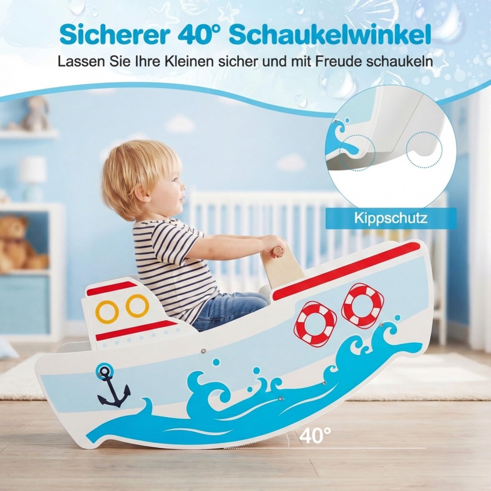 COSTWAY Schaukelboot Kinder ab 1 Jahr, Holz-Schaukelpferd mit nautischem Design, Birkenholz-Griffe, breiter Sitz & Rückenlehne, 40° Schaukelbereich, Schaukelwippe, belastbar bis zu 50 kg