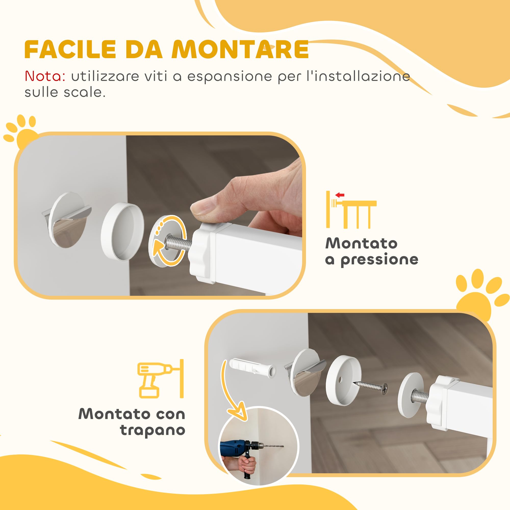 PawHut Cancellino per Cani di Sicurezza Estensibile da 76-82/86-97/101-107 cm Montaggio a Pressione, Metallo e Plastica, Bianco