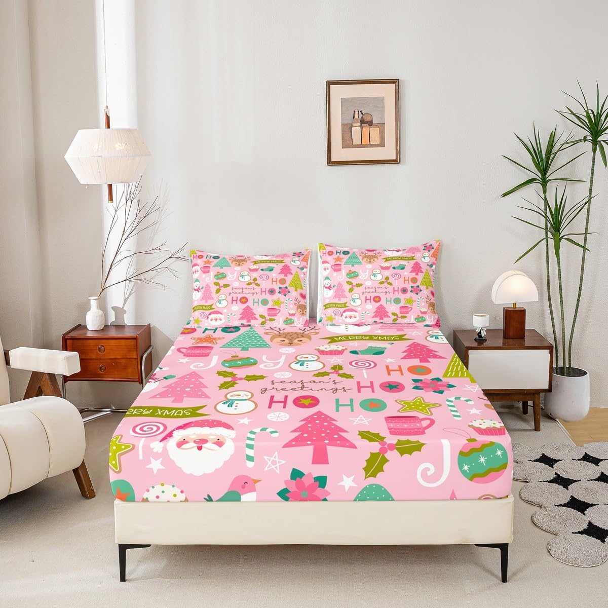 Erosebridal Pink Christmas Bed Sheets, Cartoon Santa Claus Sheet Set Twin for Kids Boys Girls Women Bedroom, Snowman Pine Fitted Sheet + Christmas Tree Cute Deer Top Sheet + 1 Xmas Decor Pillow Case
