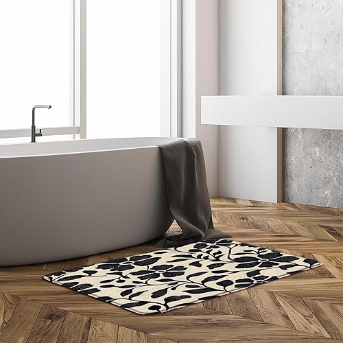 Miniatura 2 de Alfombra de baño abstracta con diseño floral negro de mediados de siglo, vintage, bohemio, arte negro, 60 y 70, hojas, estética, retro, plantas,