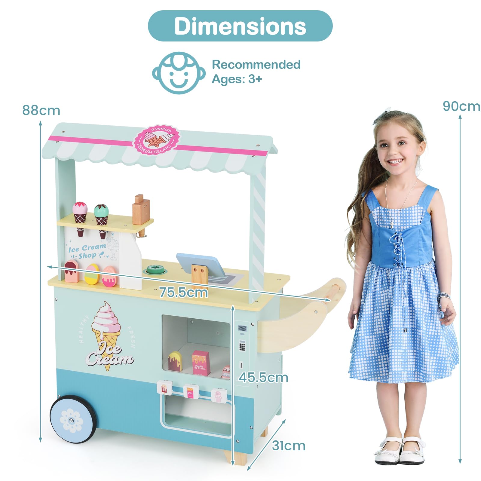 HOMASIS Carrello Gelati Bambini in Legno con 15 Accessori, 6 Gelati Giocattolo, Gelatiera, Distributore Automatico, Cassa e Scanner, Gelateria con Ruote per Bambini dai 3+ Anni (Verde)