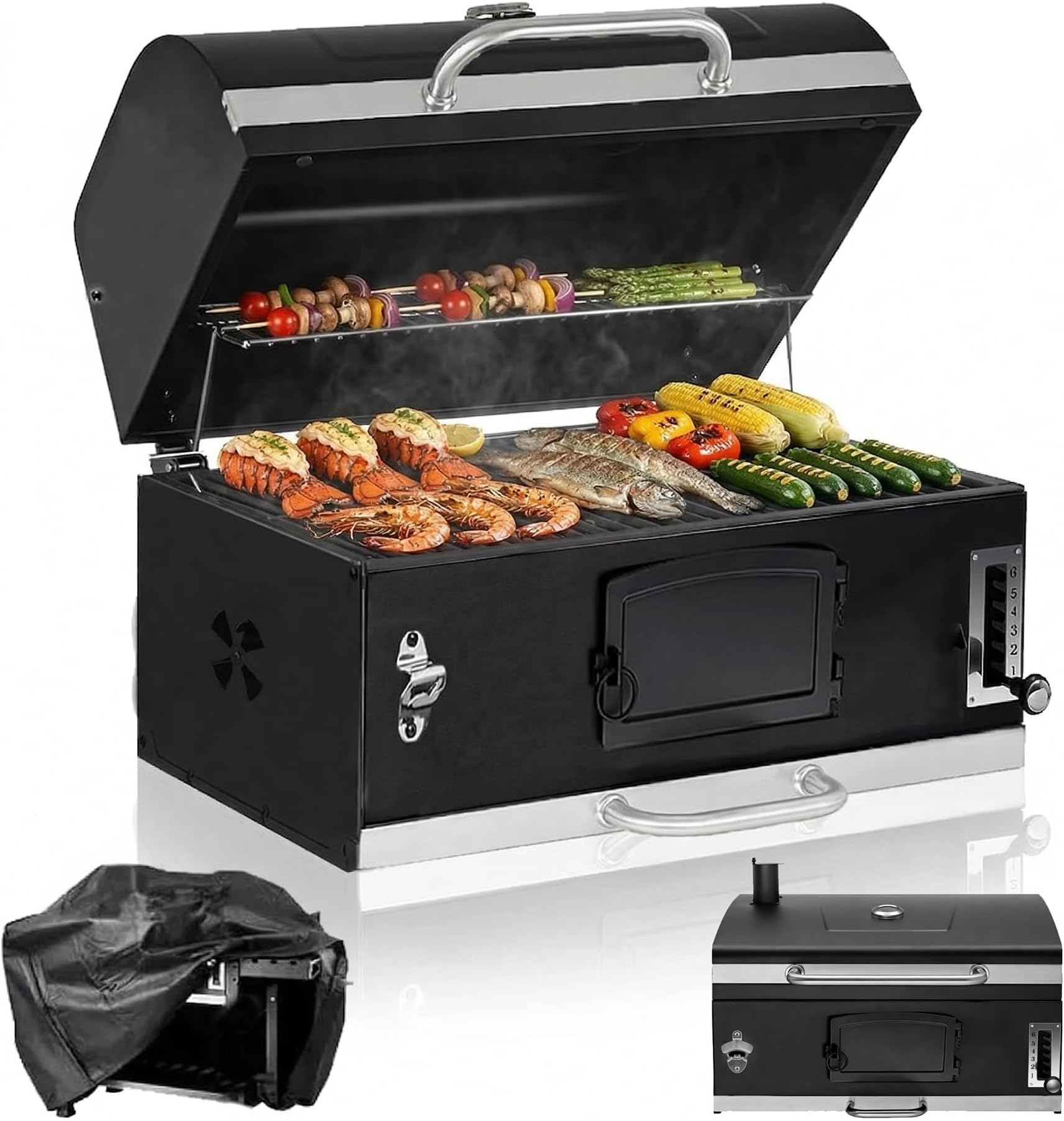 Large Built-in Barbecue Grills, Charcoal BBQ Grills with Liftable Tray, Insulated Hood & Temp Gauge, Black Stainless Steel Charcoal BBQ Barrel Grill for Outdoor Kitchen Camping Park Style