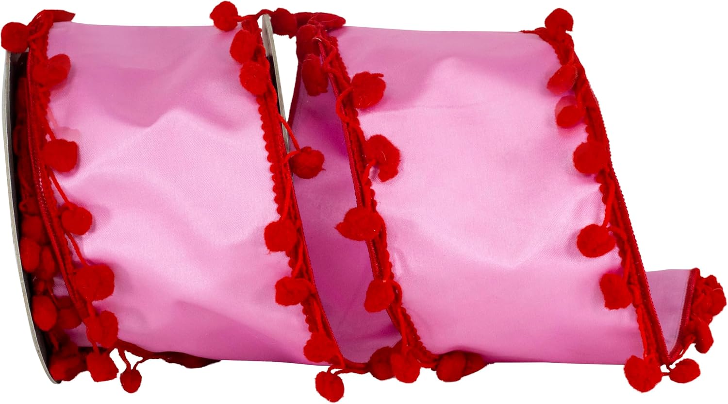 Reliant Ribbon Pom Pom Edge Trimming Dupioni Deluxe Wired Edge, Pink/red, 4 Inch, 5 Yards