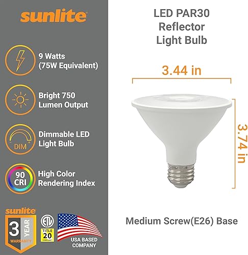 Miniatura 2 de Sunlite Foco reflector LED PAR30 41806, 9 vatios (75 W ), 750 lúmenes, base E26 media, 90 CRI, regulable, reflector, Energy Star, compatible con el