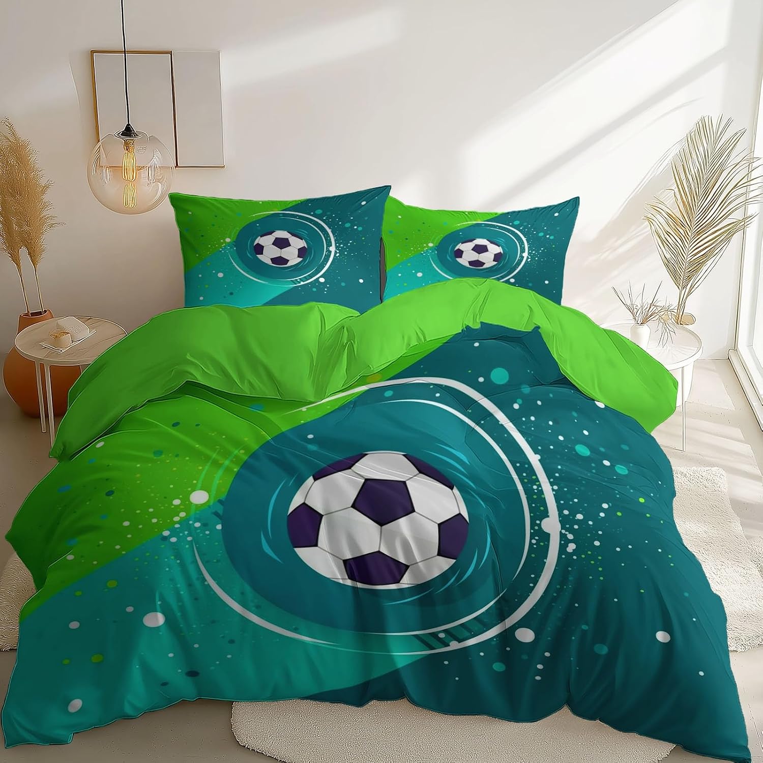 Duvet Cover Twin Size Sets, Sports Cartoon Football Printed Microfiber Bedding Set with Pillow Sham, Green Duvet Cover with Zipper Closure for Kids Man and Woman