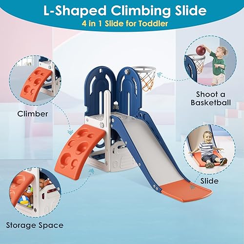 Miniatura 2 de BIERUM Tobogán 4 en 1 para niños pequeños, tobogán temático de escalada para bebés de 1 a 3 años con aro de baloncesto y pelota, tobogán para niños,