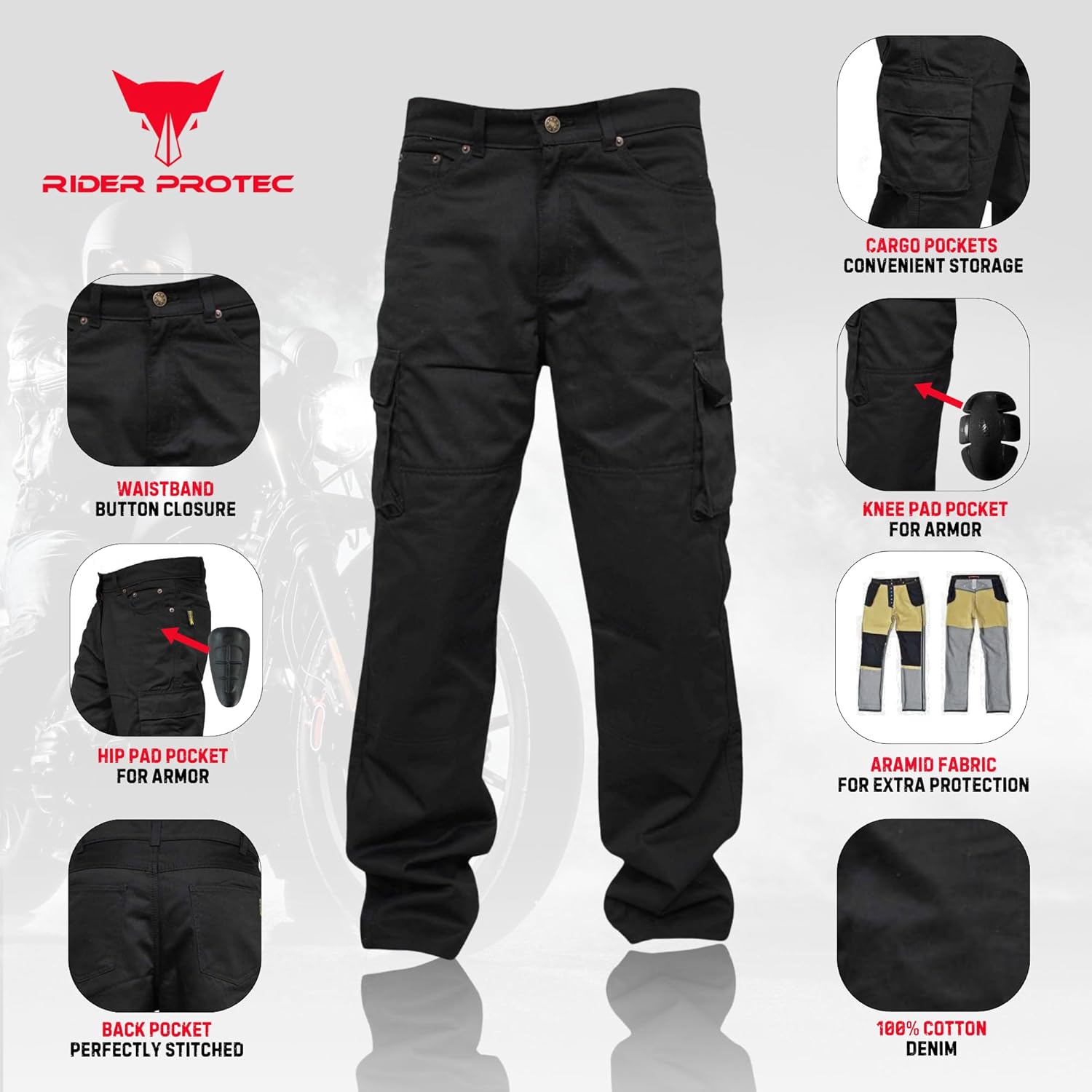Mens Motorcycle Cargo Pants Protective Aramid Lining Motorbike Riding Hip and Knee Armour Jeans Black