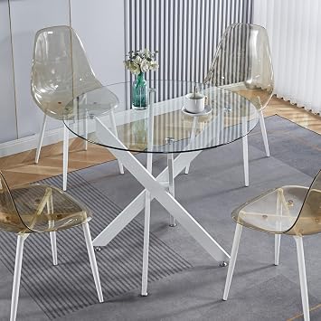 Round Glass Dining Table for 2-4, 35" Modern Clear Circle Dining Room Table with Tempered Glass Top & White Metal Legs, Small Kitchen Table for Home, Office, Small Spaces