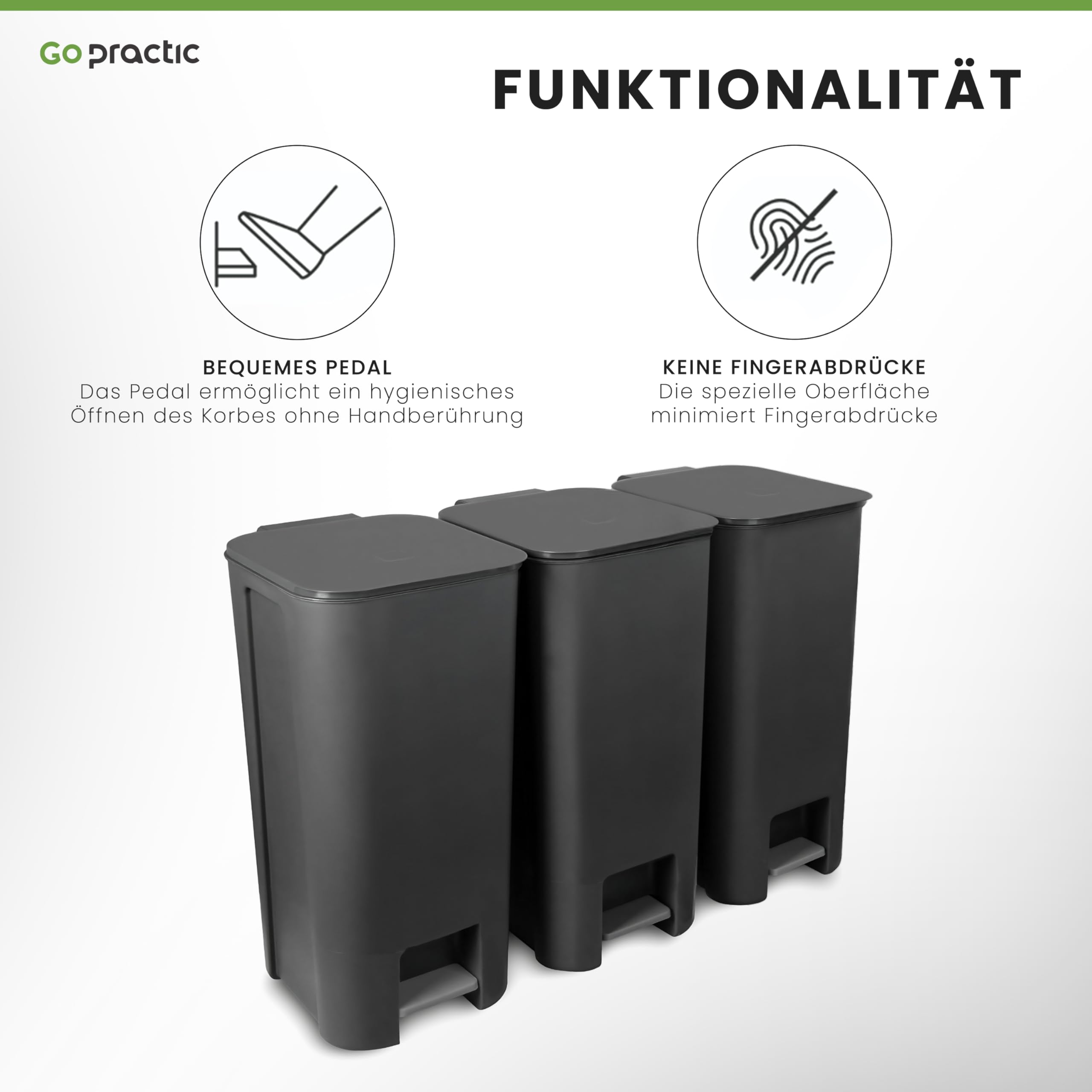 Treteimer Set x40L Grau, Tretmülleimer mit Pedal und Deckel, Mülleimer, Mülltrennsystem für Papier, Kunststoff, Küchenmülleimer Recycling, Küche