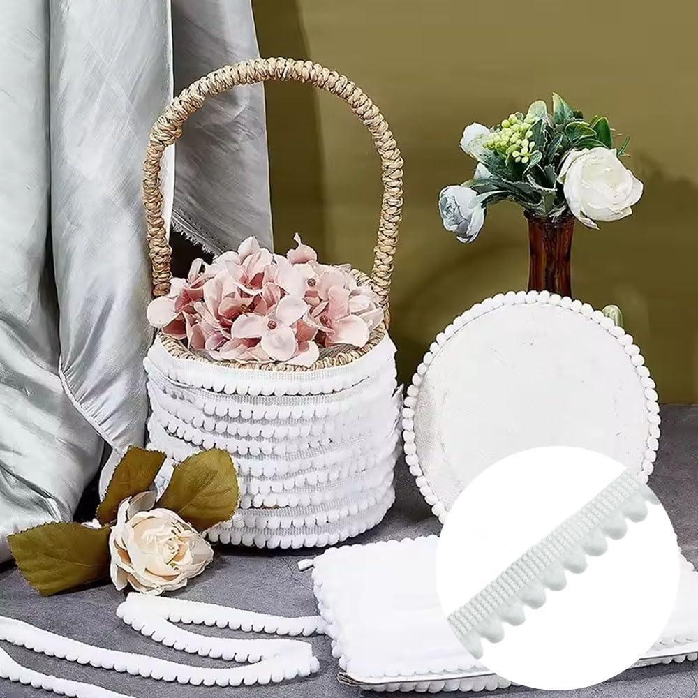 20 Yards Mini Pom Pom Trim Ball Fringe Ribbon, Ribbon Accessory DIY Crafts for Home Curtain Clothes Pillow Decoration (White, 14mm)