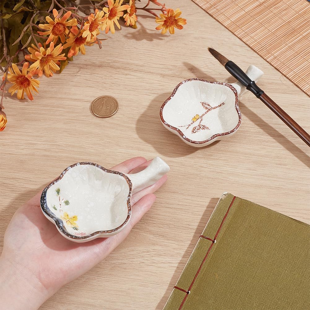 PH PandaHall 2 Styles Flower Ceramic Ink Plate Porcelain Ink Well Dish with Handle Calligraphy Brush Holder Multifunctional Inkwell Dish for Chinese Calligraphy Writings Japanese Painting Practice