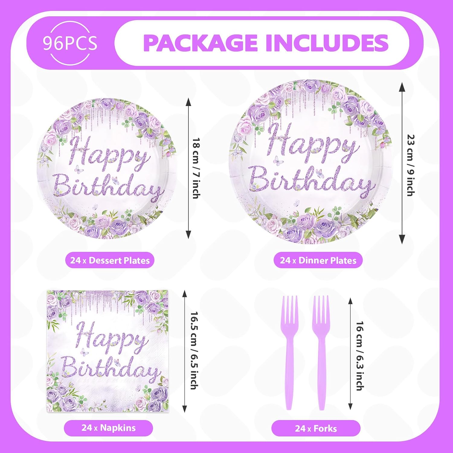 96Pcs Purple Floral Birthday Party Decorations Spring Glitters Floral Birthday Plates and Napkins Sets Spring Purple Butterflies Decoration for Women Girls Lady Rose Shower Party Supplies Serves 24