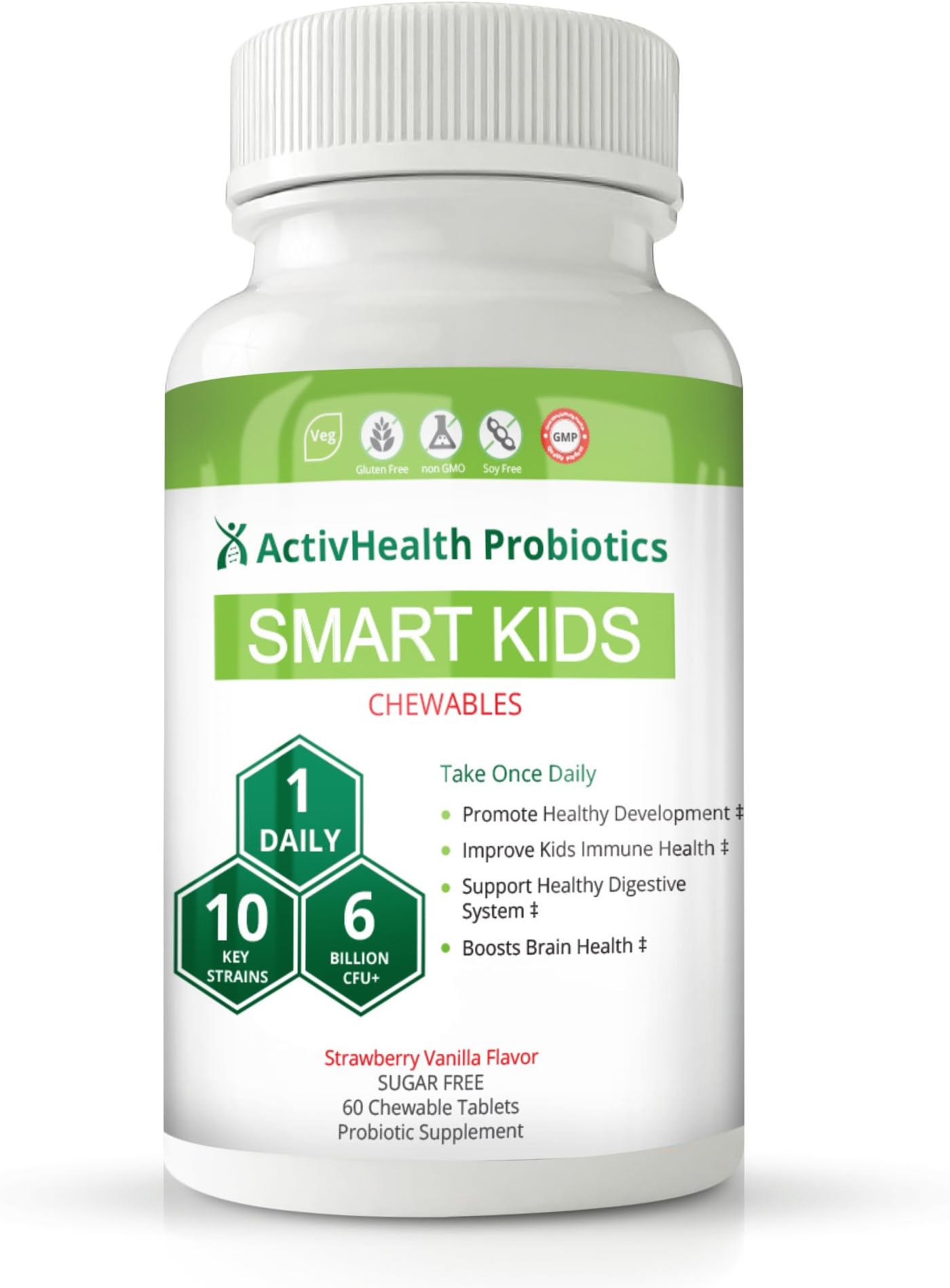 ActivHealth Kids Probiotics Chewables, Strawberry Vanilla Flavored (6 Billion CFU, 10 Strains, 60 count)