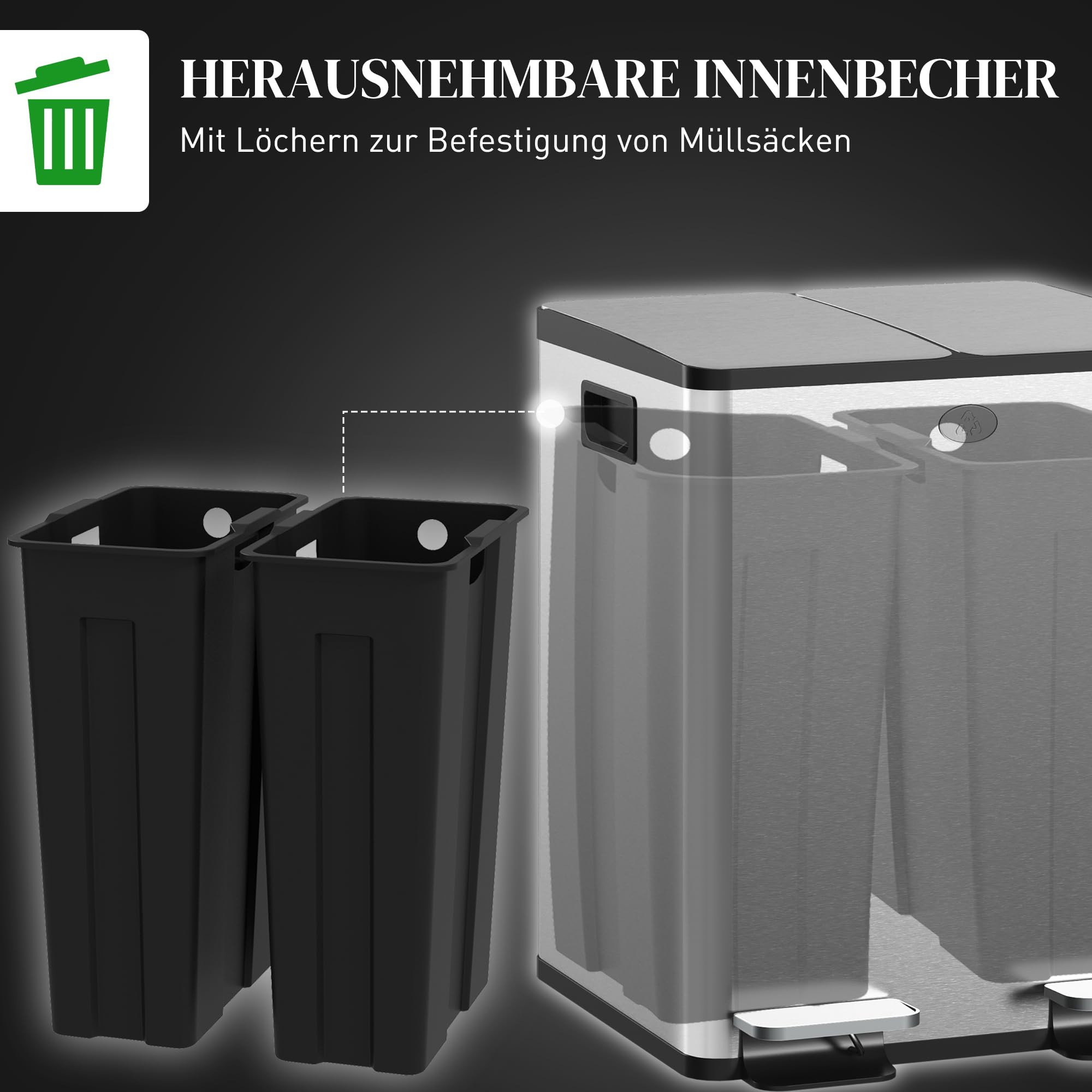 HOMCOM Mülleimer aus Edelstahl mit Softclose Deckel, 2 x 20L Silber | Abfalleimer, Mülltrennsystem, Herausnehmbare Inneneimer, Deodorant-Fächern, Treteimer für Wohnung