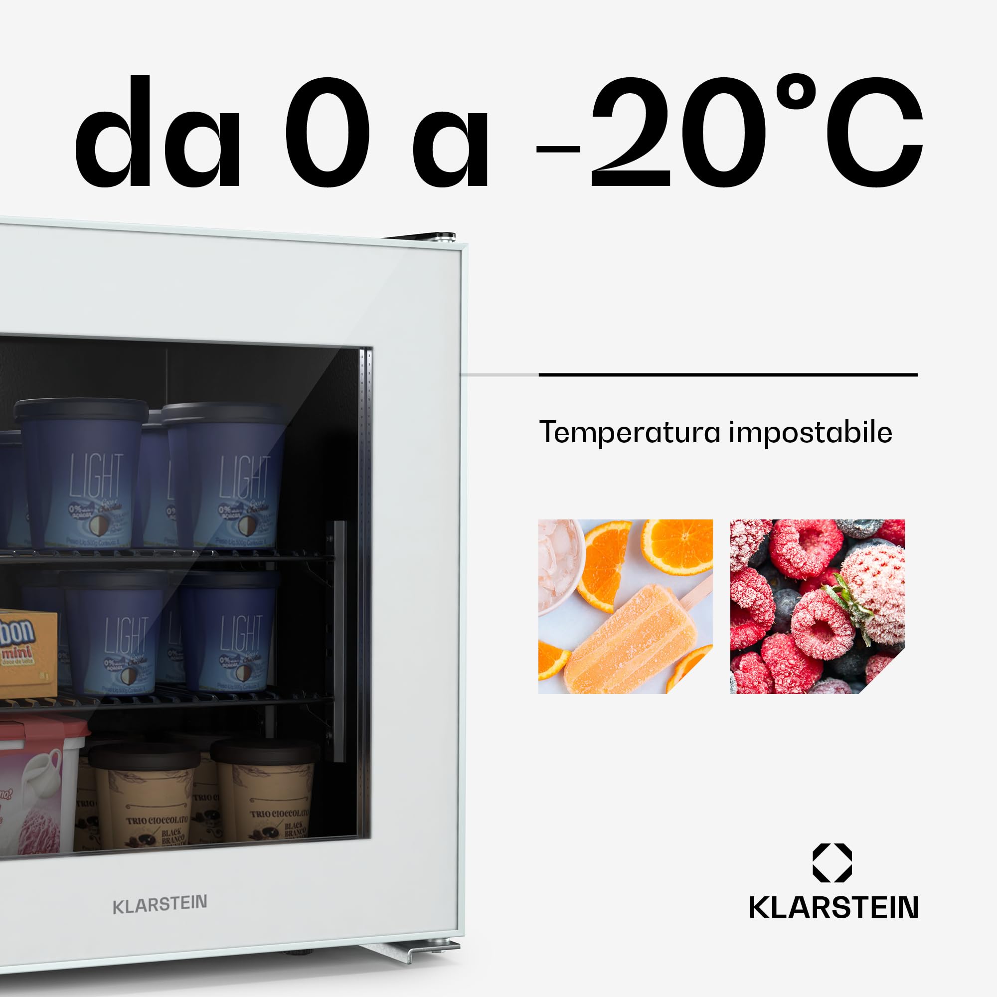 KLARSTEIN IceAge 36 - Piccolo Congelatore, 36L, Mini Freezer con Temperatura Regolabile da 0 a -18°C, Porta in Vetro, LED Interni, 2 Ripiani, Compatto & Efficiente, Freezer per Spazi Ridotti, Bianco