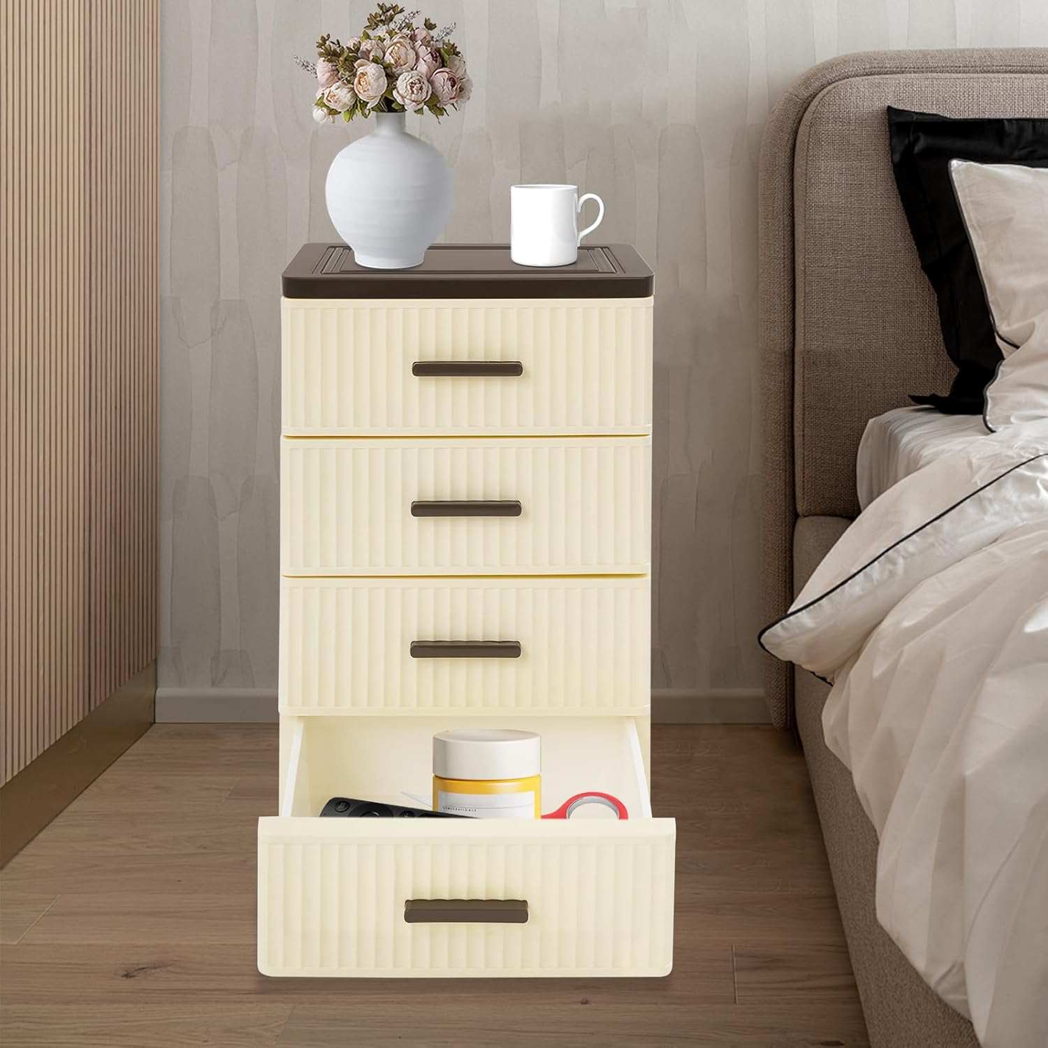 4-Tier Storage Bin, Plastic Storage Bin, Organizer with 4 Universal Wheels, Suitable for Bedroom, Kitchen, Bathroom, Living Room (Creamy Yellow, Brown, Black)