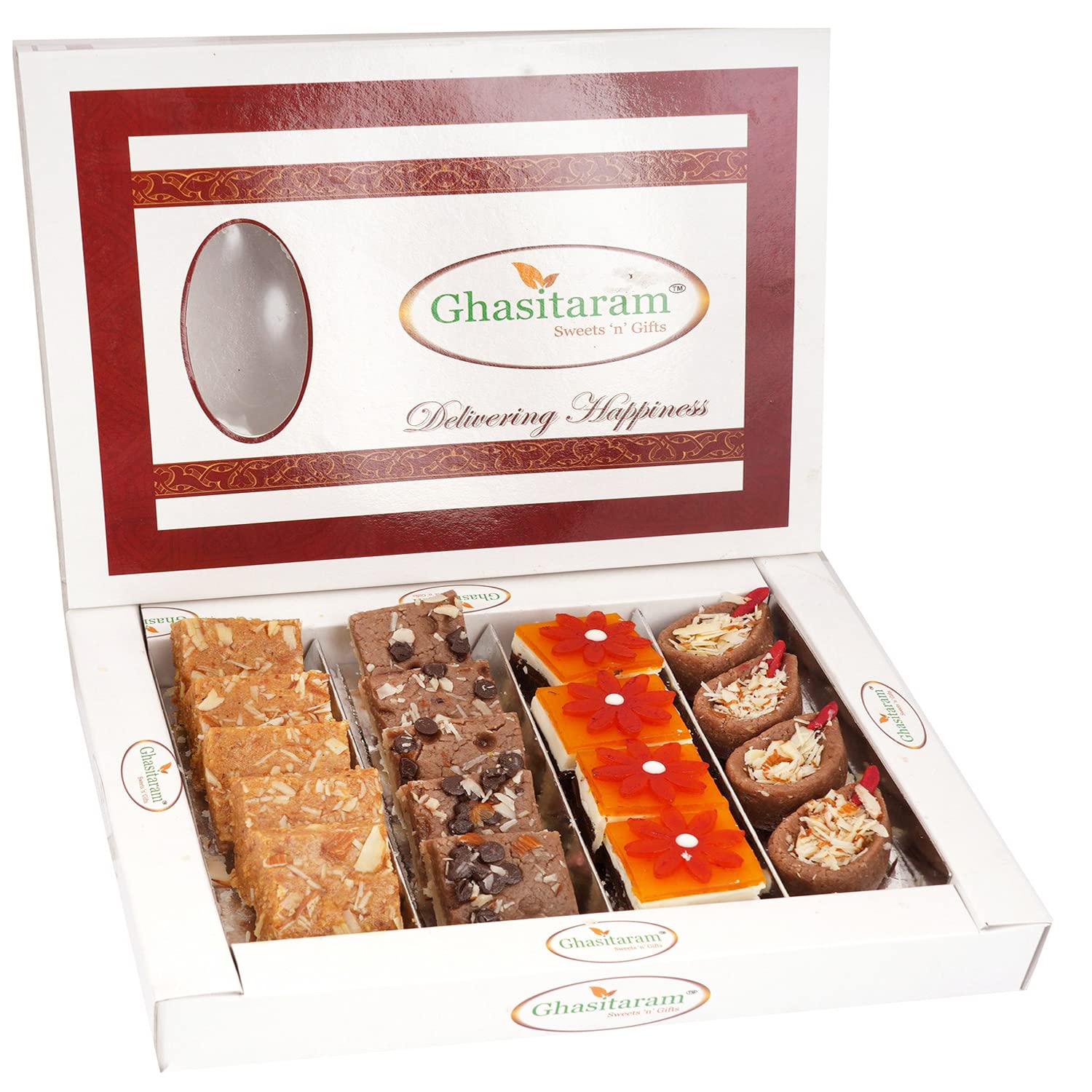 Ghasitaram Gifts Diwali Gifts Sweets- Assorted Box of Kaju Chocolate Barfi,Mango Bite, Mathura Diya and Besan Barfi 800 GMS