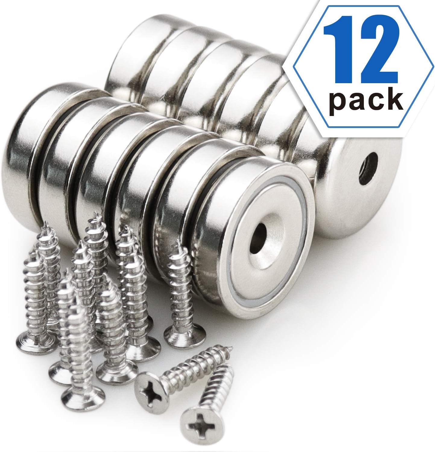 Neodymium Cup Magnets with 44 LBS Pull Capacity Matching Screws - Strongest Round Base Magnets