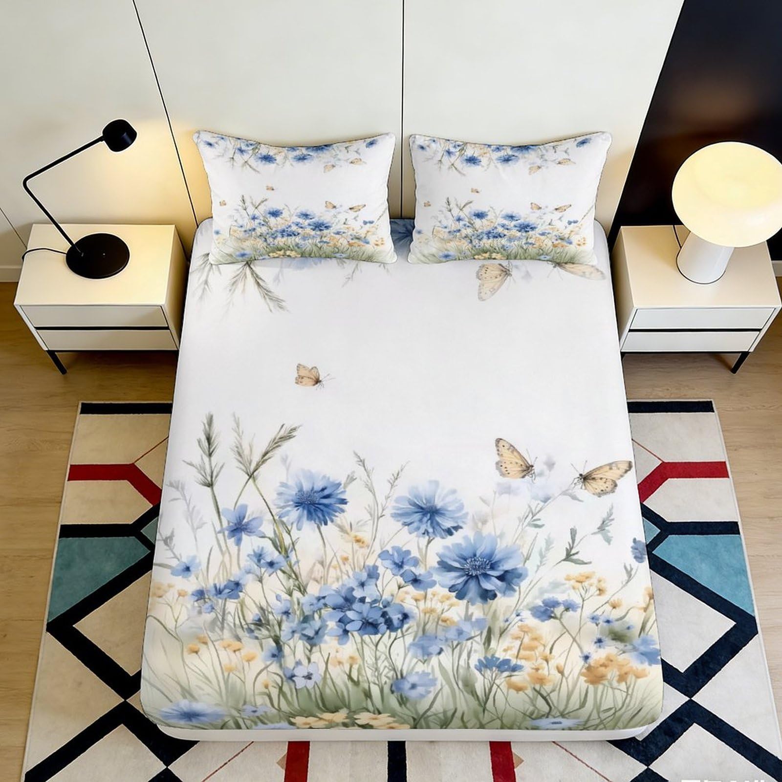 Jqzkxnhpbr Style-3 3D Printed Wildflower Meadow Fitted Sheet Microfiber Blue Floral Butterfly Mattress Cover For Bedroom Dorm Decor 90X200x25cm