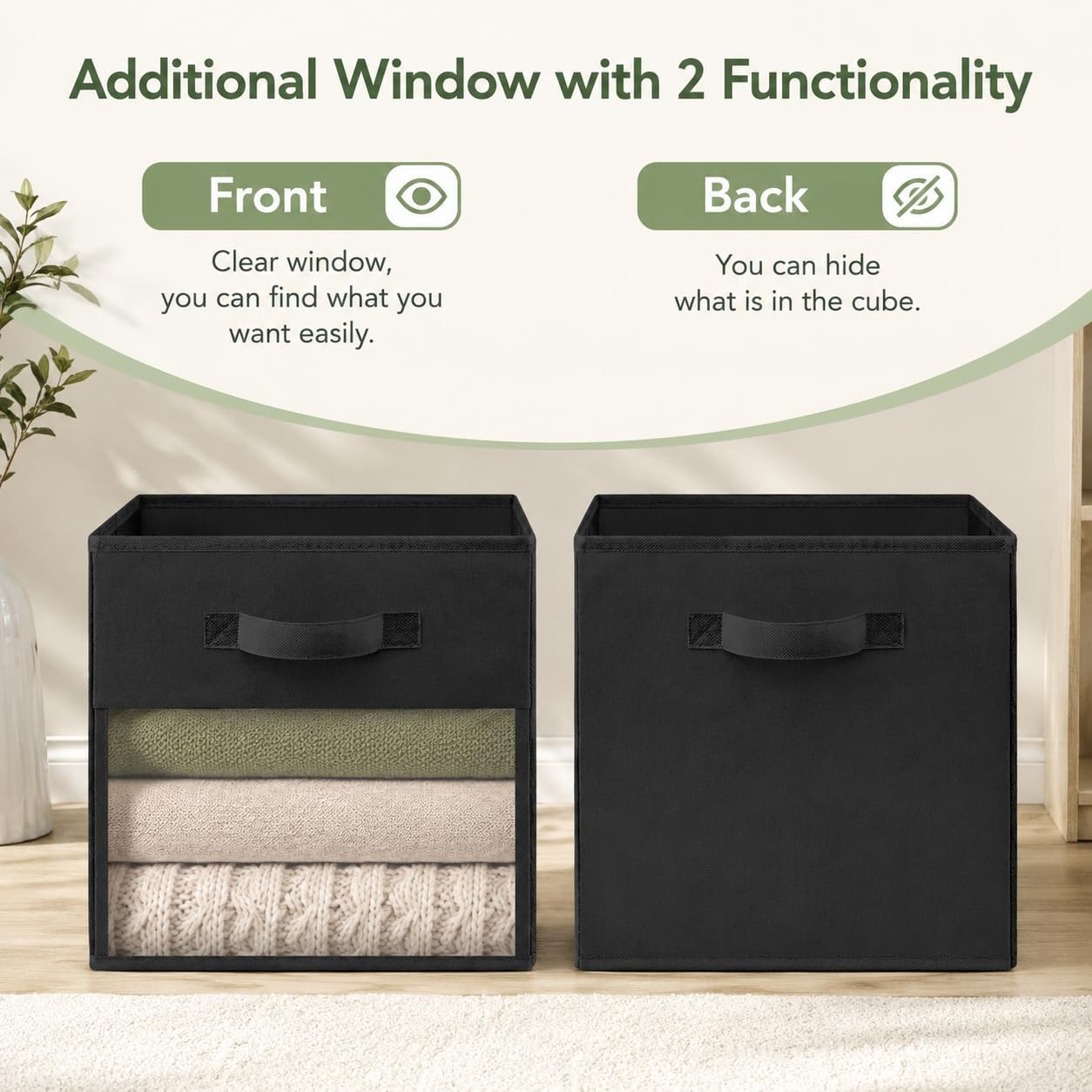 Reversible Storage Cubes 6 Pack with Dual Clear Windows, 13x13x13 Inch Cube Storage Bin, Heavy Duty Fabric Baskets for Shelves, Reinforced X-Stitch Handle Closet Organizers for Clothes Blanket, Black