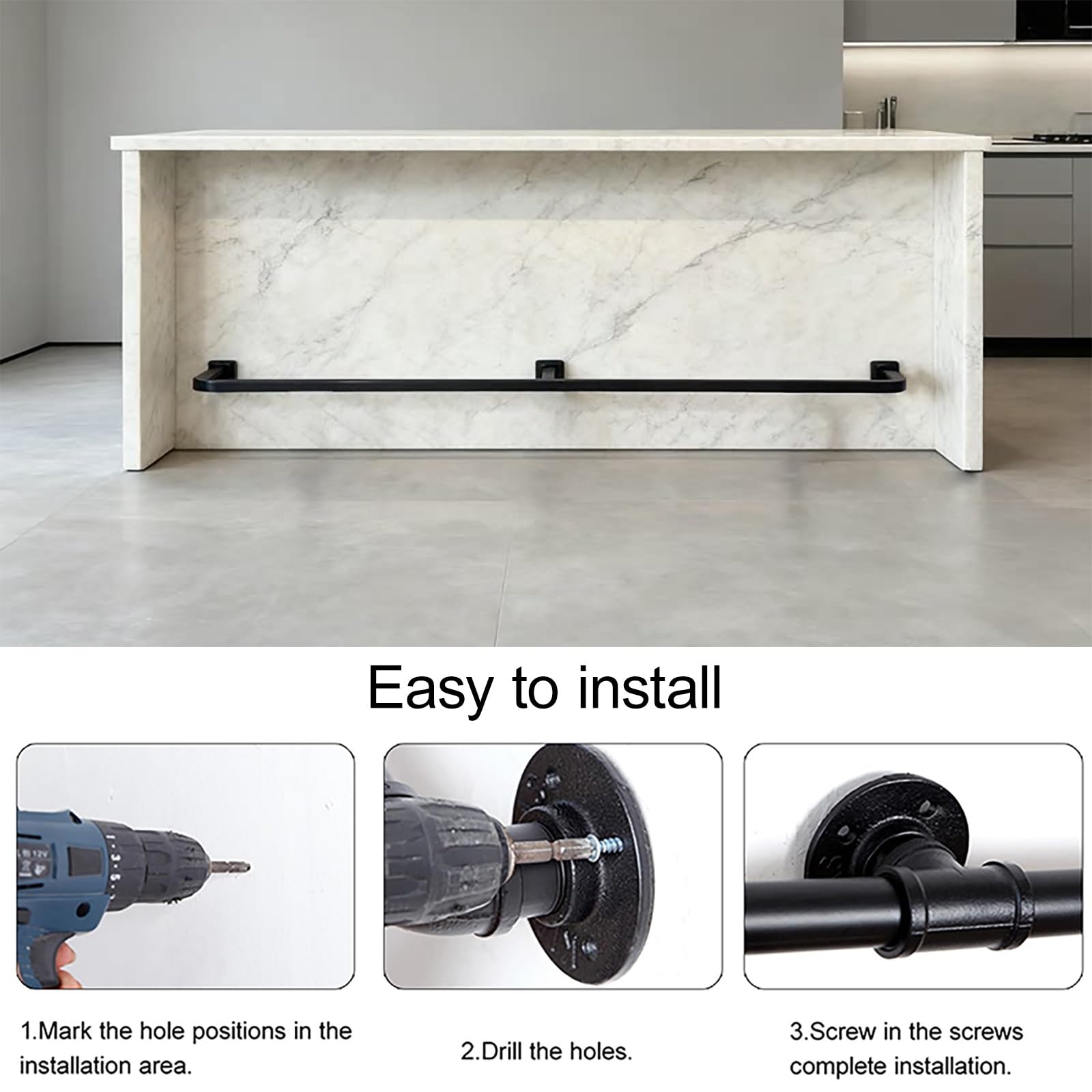 Kit de rail de pied de bar robuste carré en acier inoxydable avec finition satinée avec matériel de support, repose-pied plat sous le comptoir pour la maison, la cuisine, le restaurant, le bar