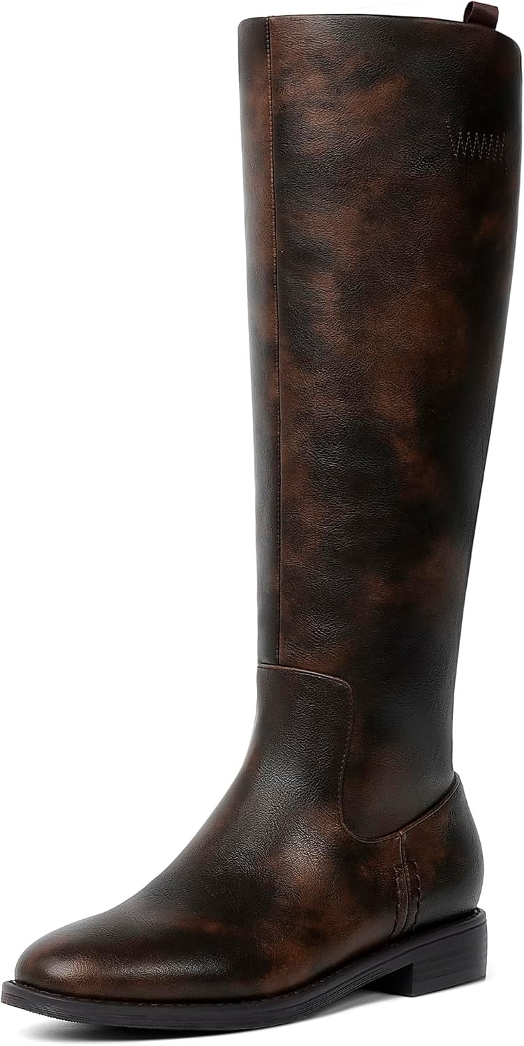 Modatope Knee High Boots Women Rounded Toe Flat Retro Bais Opening Low Chunky Heel Riding Boots